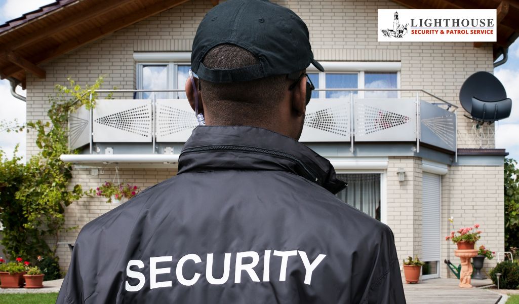 Lighthouse Security & Patrol Service guard monitoring a private residence to ensure home safety and asset protection.