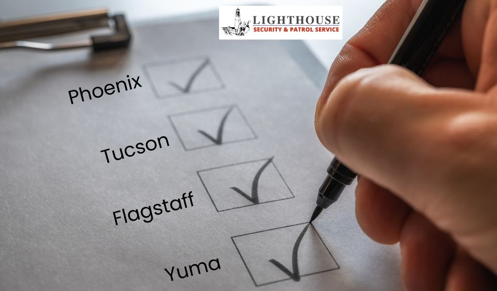 professional security guard services Phoenix, Tucson, Flagstaff, and Yuma checklist with Lighthouse Security and Patrol Service branding